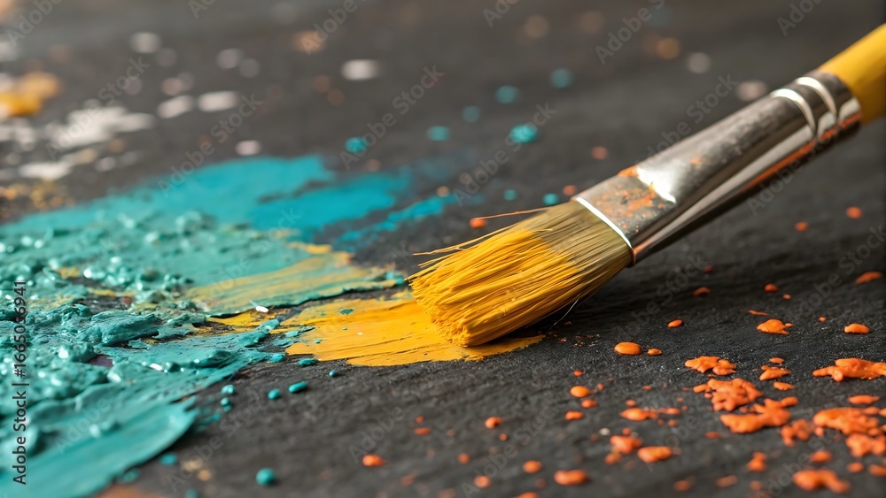 Fototapeta premium Artistic Expression Close-Up of a Paintbrush with Vibrant Colors on a Dark Surface Showcasing Creativity and the Beauty of Artistic Mediums