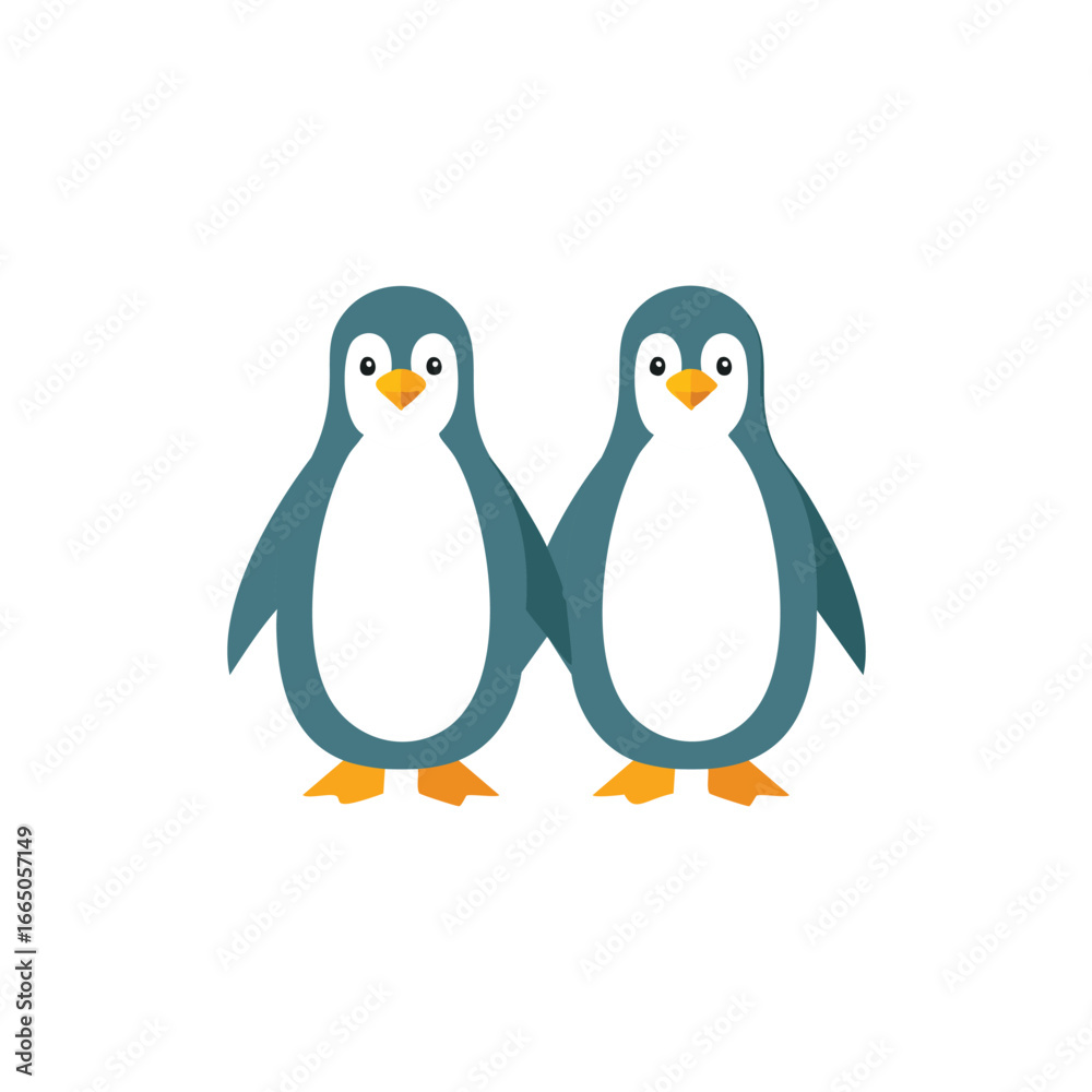 Naklejka premium Two cute teal penguins standing together white orange