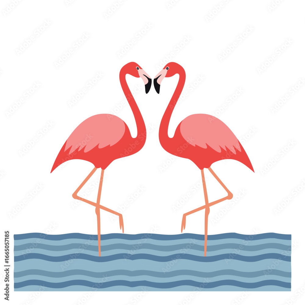 Fototapeta premium Two pink flamingos facing each other in blue water birds