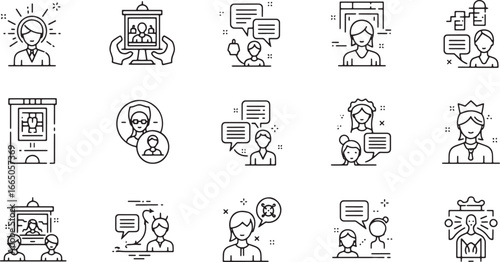 Collection of Modern Outline Icons Representing Communication, Mentorship, and Dialogue Concepts