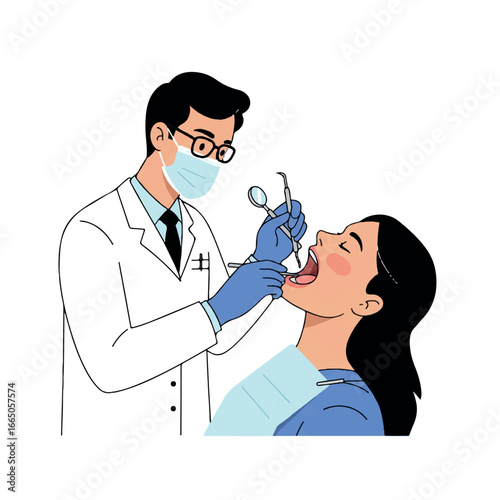A friendly dentist performs an oral examination on a patient using dental tools, presented as a clean 2D flat vector illustration with minimalist solid colors.