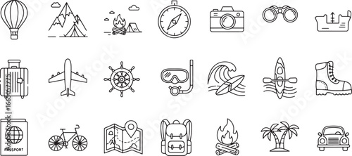 Collection of vector travel icons adventure, exploration, and outdoor activities