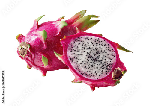 Two dragon fruit halves, one whole, displayed against a black background.  The halves reveal a white flesh speckled with tiny black seeds.  Bright pink skin and light green stems/leaves are visible