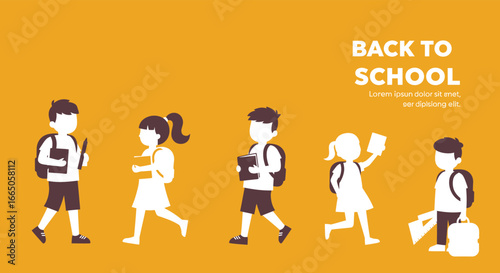 Children walking to school with backpacks and books on a bright yellow background