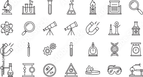 Science and laboratory line icons set, featuring essential equipment for chemistry, biology, and physics research