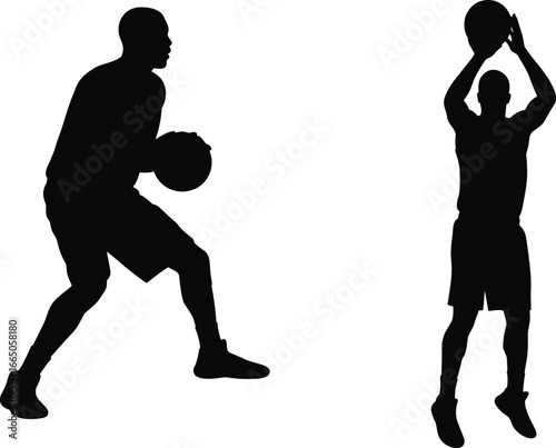 Black silhouette basketball players dribbling, shooting, jumping, holding ball, sports action poses, athletic movement, competitive game, dynamic vector illustration for design
