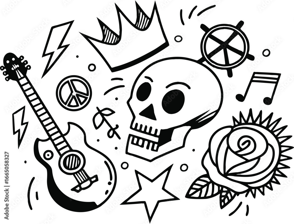 Fototapeta premium Black and white punk skull with guitar, roses and peace signs, Rebellious music inspired tattoo art for rock and roll concepts.
