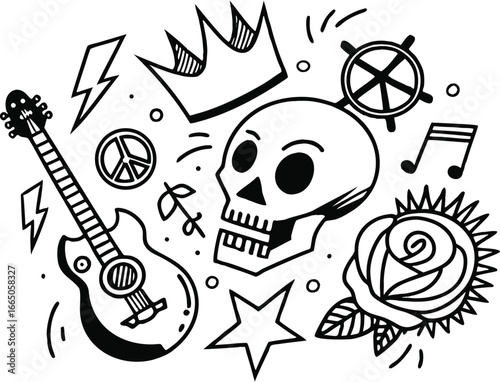 Black and white punk skull with guitar, roses and peace signs, Rebellious music inspired tattoo art for rock and roll concepts.