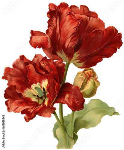 Close-up of two vibrant red tulips with hints of cream.  Detailed petals and green foliage.  Image appears painted
