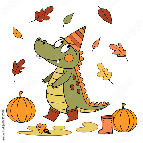Cute Dreamy Crocodile, accessorized with wearing a party hat, in a Autumn world – Autumn Leaves palette vector