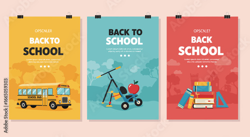 Back to school colorful posters with school bus and educational items