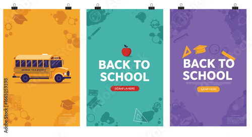 Back to school posters with colorful designs and illustrations of education elements