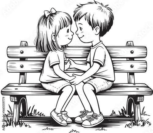 First love, first encounter: Captured in a charming sketch, two young children sit tenderly on a bench, holding hands and gazing into each other's eyes, a scene of innocent affection, first love.