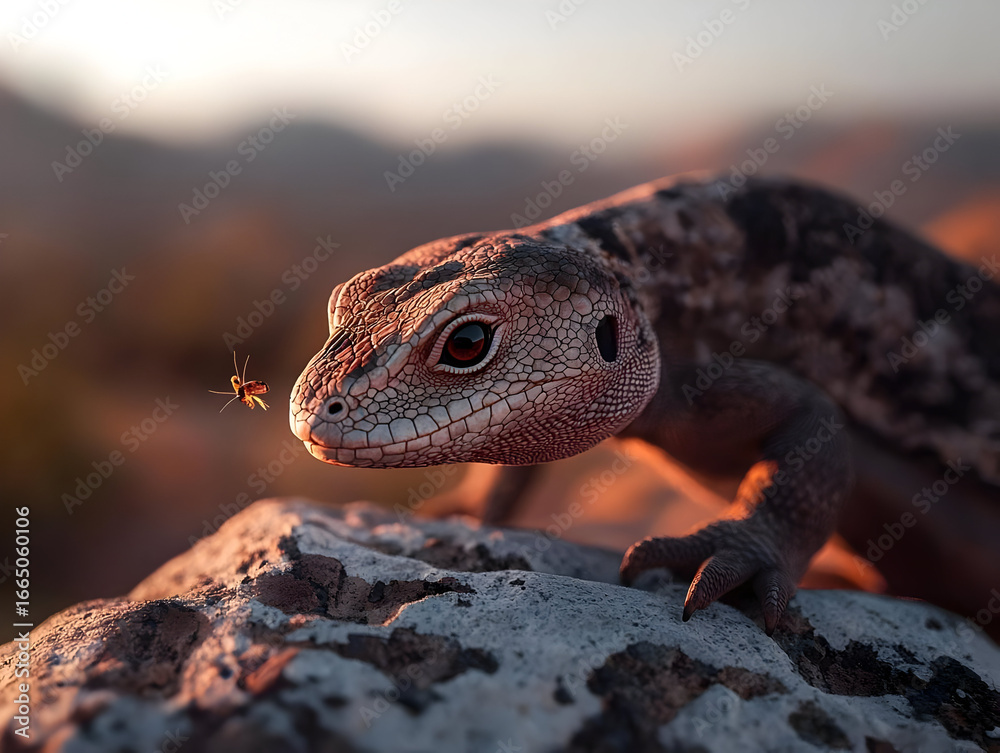 Obraz premium Close Up Lizard On Rock At Sunset