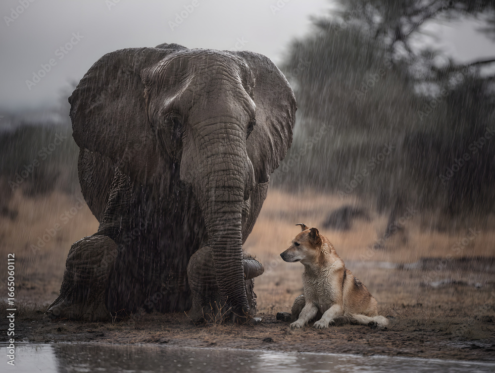 Fototapeta premium elephant and dog sit under the rain