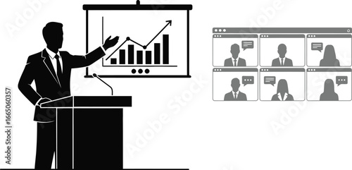 A business presentation with a speaker and online video call participants, illustrating remote collaboration and virtual communication in a corporate setting