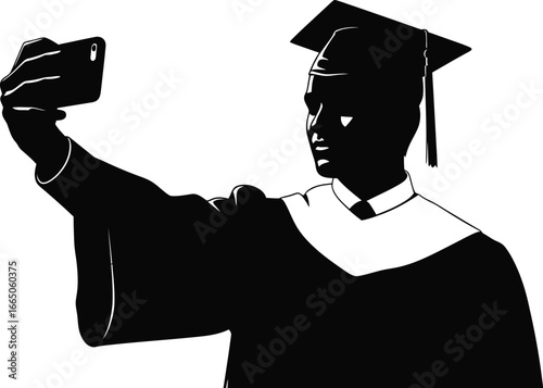 A graduate student in cap and gown taking a selfie, symbolizing academic achievement, celebration, and pursuit of higher education