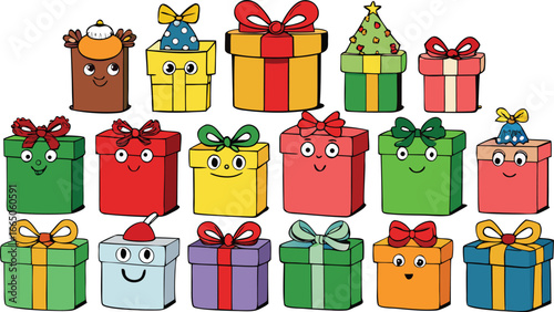 Vector art of collection of cheerful cartoon christmas gift boxes with bows and faces