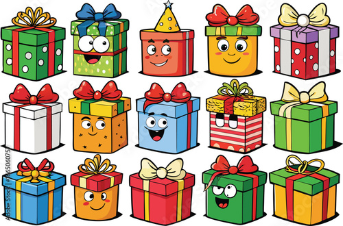 Vector art of assortment of cheerful cartoon gift boxes with faces and festive bows