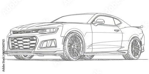 Black and white line drawing of a sports car, featuring a detailed front fascia and wheels