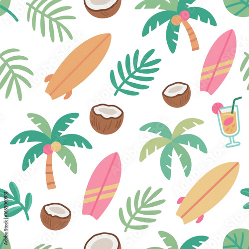 A vibrant, seamless tropical pattern featuring colorful surfboards, coconuts, palm trees, leaves, and cocktails on a white background
