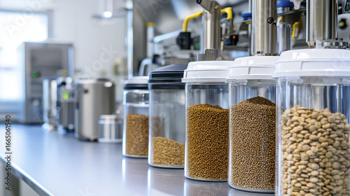 Industrial pet food storage containers filled with various types of kibble and ingredients, showcasing organization