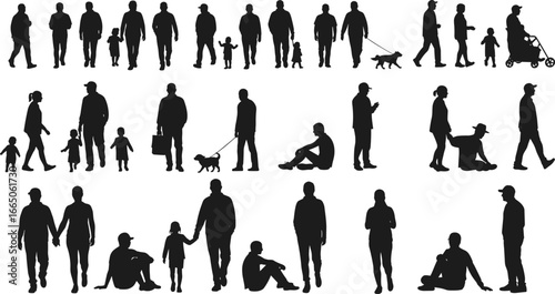 Black silhouette people walking, sitting, playing, holding hands, pushing strollers, walking dogs, family activities, outdoor lifestyle, community interaction vector illustration