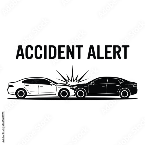 Accident alert sign with two cars colliding representing car crash and traffic collision involving damage and vehicle destruction in black and white