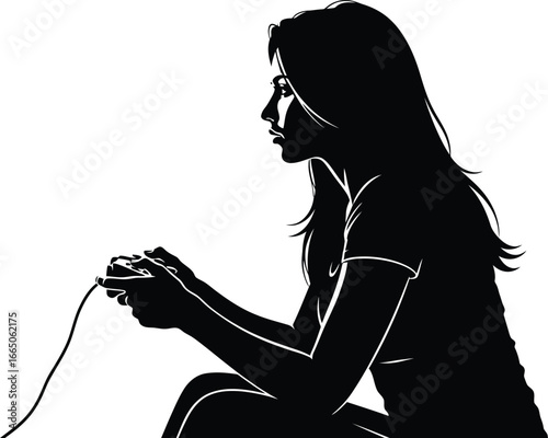 Silhouette of a woman playing video game with a controller, , enjoying her leisure time and hobby in a relaxed atmosphere at home