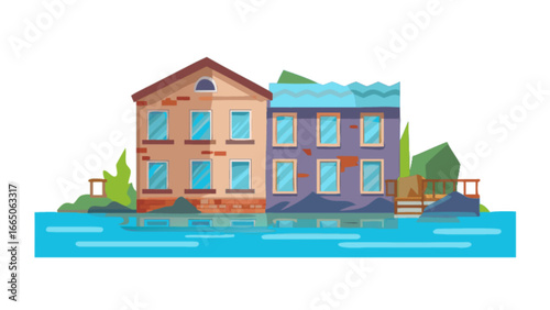 Flood disaster illustration showing flooded houses and aftermath of natural calamity event vector