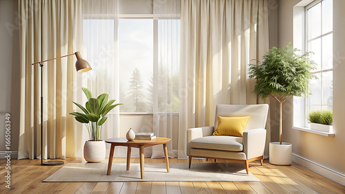 Cozy living room corner bathed in natural light featuring a comfortable armchair a small wooden table and lush green houseplants creating a serene and inviting atmosphere