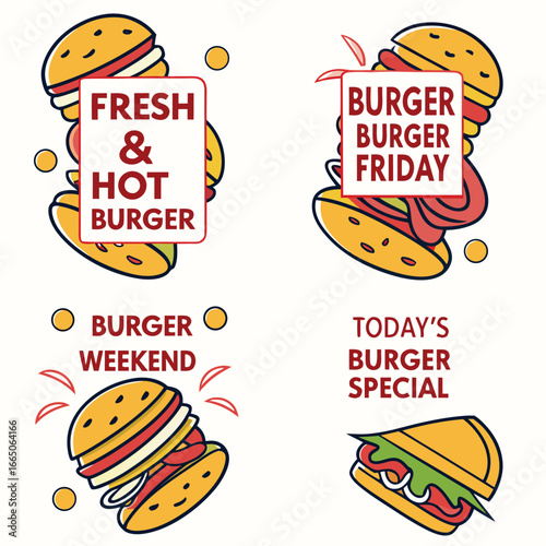 Four flat design burger illustrations with text for promotions and specials hamburger food