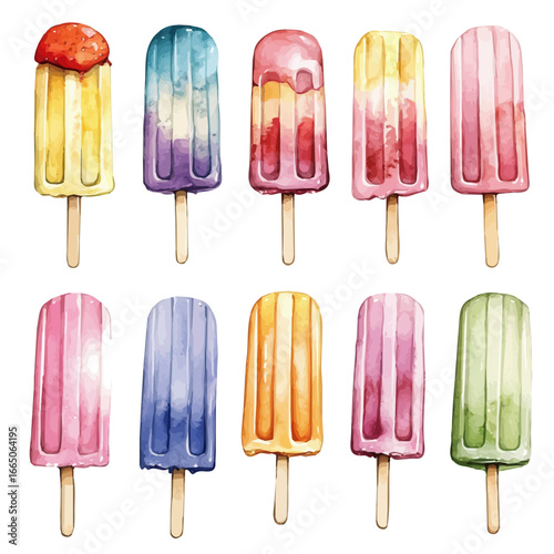 Popsicle Collection Bright Colors, watercolor drawing vector, isolated on a white background.