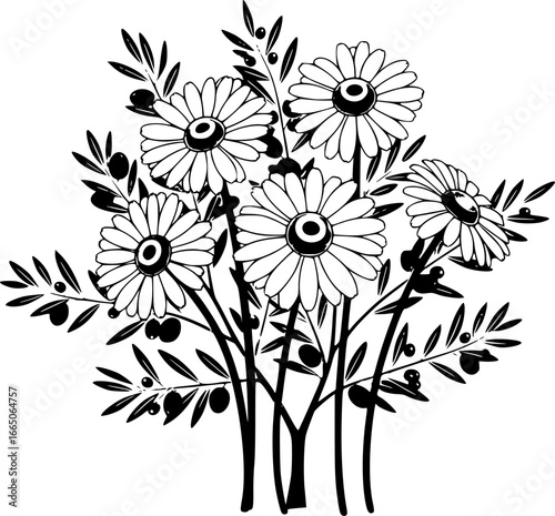 set of Daisy in a vector style isolated. Full name of the plant: daisy, chamomile. Vector olive tree for background, texture, wrapper pattern, frame or border