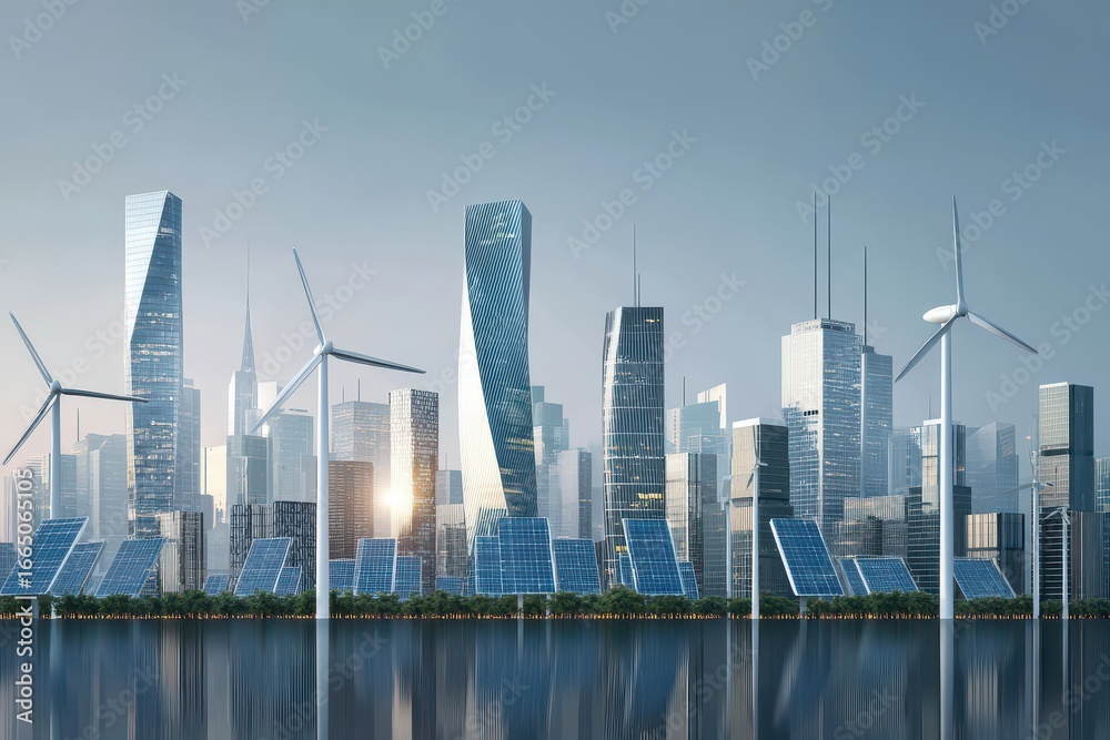 Fototapeta premium City Skyline with Wind Turbines and Solar Panels, Sustainable Future in Action