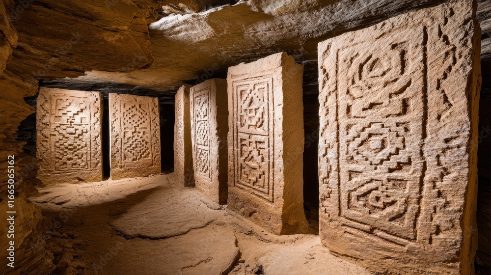 Fototapeta premium Ancient carved stone slabs in a cave