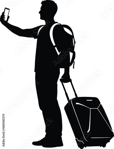 Silhouette of a traveler taking a selfie with luggage