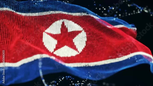 A digitally rendered representation of the North Korean flag, dynamic and detailed.