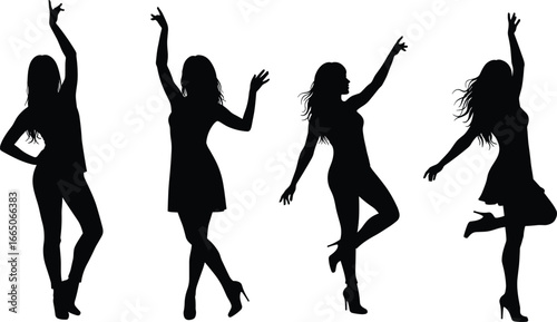 Black silhouettes of dancing women in various poses, expressive movement, artistic performance, female elegance, celebration, vector illustration for design projects