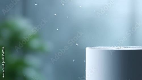 Air purifier releasing clean air with visible airflow and particles in soft blue background creating fresh calm healthy atmosphere