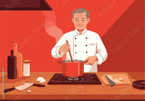 Chef stirring pot on stove in kitchen with steam, preparing food. Possible use cooking blog
