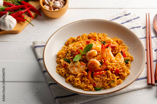 Stir fried instant noodles and shrimp with basil leaves.Thai food.(pad ka prao)