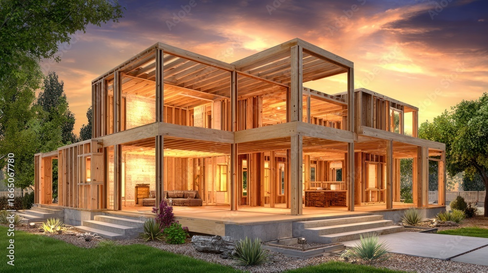 Fototapeta premium Wooden house frame under construction at sunset