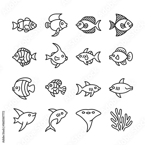 Tropical Fish and Ocean Life Line Icons – Sea Animals, Underwater Symbols, Coral Reef