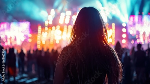 Woman silhouette in concert setting with bright lights, suitable for entertainment industry design