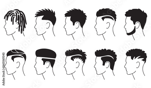 Trendy Men’s Haircut Silhouette Vector Set with Modern Hairstyle Designs