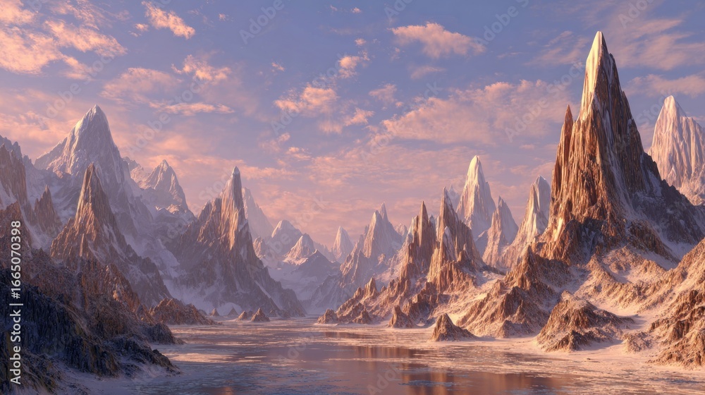 Obraz premium Snowy mountain peaks, a serene valley, sunset over a frozen lake