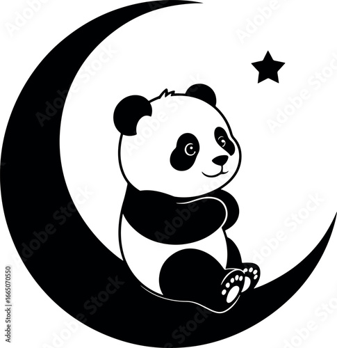 Adorable Panda Sitting on the Moon Gazing at a Star Black and White Illustration for Childrens Designs and Decor