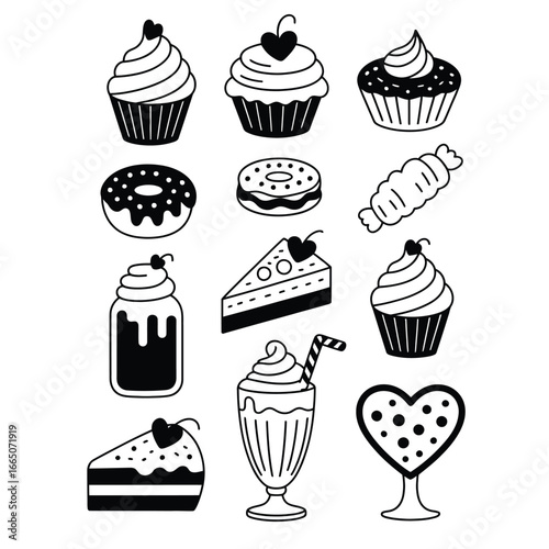 Black and white vector cupcake and dessert shop bundle with cupcake, tart, donut, macaron, brownie, cheesecake, croissant, milkshake, candy