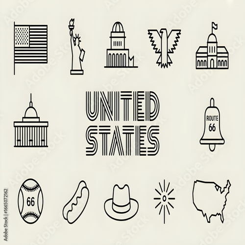 United States Landmarks and Symbols Line Icons – Statue of Liberty, Eagle, Flag, Capitol, Map of USA